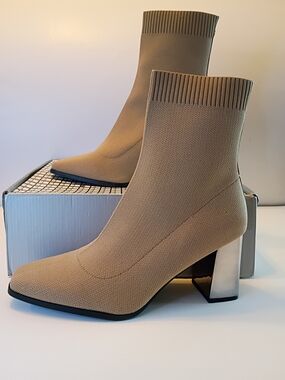 Beige Knit Sock Ankle Booties with Metallic Block Heel